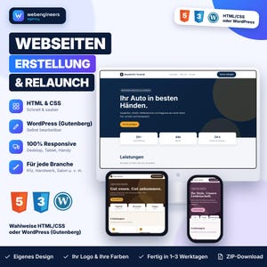 Könnte beinhalten: Eine Marketinggrafik für Webdesign-Dienstleistungen mit einem Desktop-Monitor, Tablet und Smartphone, die Website-Layouts zeigen. Der Text umfasst Webseiten Erstellung & Relaunch, HTML & CSS, WordPress und 100% Responsive. Symbole für HTML5, CSS3 und WordPress sind sichtbar.