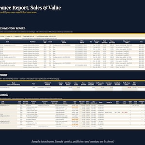 May include: A digital insurance report, sales and profit tracker, and comic collection spreadsheet. The document features dark blue headers with gold accents, organized into tables with columns for book titles, publishers, dates, and financial values.