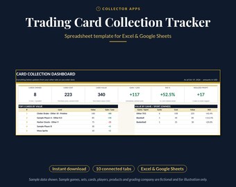 Trading Card Collection Tracker Spreadsheet, Excel and Google Sheets: TCG and Sports Cards, Set Checklist, Grading, ROI