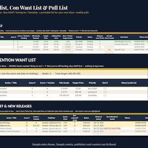 May include: A digital spreadsheet template titled Wishlist, Con Want List & Pull List with sections for tracking comic book series, issue numbers, target prices, and release dates, featuring columns for status, priority, and notes.