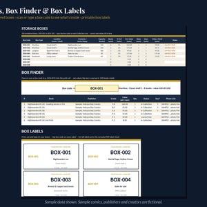 May include: A digital spreadsheet template titled Boxes, Box Finder & Box Labels featuring sections for storage box inventory, a box finder tool, and printable box labels with sample data for tracking comic book collections.