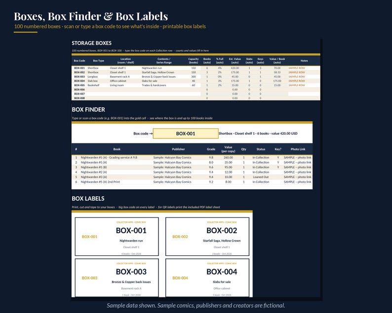 May include: A digital spreadsheet template titled Boxes, Box Finder & Box Labels featuring sections for storage box inventory, a box finder tool, and printable box labels with sample data for tracking comic book collections.