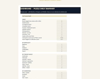Foglio di calcolo per il monitoraggio della collezione di puzzle / Inventario dei pezzi del puzzle / Lista dei desideri in corso / Excel / Fogli Google