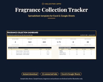 以下が含まれることがあります： ExcelおよびGoogleスプレッドシート用のデジタルスプレッドシートテンプレート「Fragrance Collection Tracker」。ダッシュボードには、所有ボトル数、総支出、推定価値、平均コスト、着用回数などの指標が表示されています。