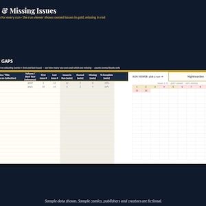 May include: A digital spreadsheet titled Runs & Missing Issues featuring a table for tracking comic book collections. It includes columns for series titles, volume years, issue numbers, and completion percentages, alongside a run viewer grid.