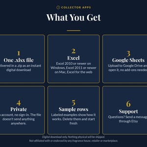 May include: A dark blue digital download information graphic titled Collector Apps What You Get. It lists six points: 1. One .xlsx file, 2. Excel compatibility, 3. Google Sheets compatibility, 4. Private usage, 5. Sample rows included, 6. Support.