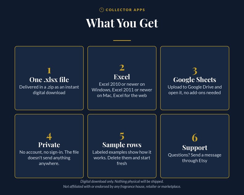 May include: A dark blue digital download information graphic titled Collector Apps What You Get. It lists six points: 1. One .xlsx file, 2. Excel compatibility, 3. Google Sheets compatibility, 4. Private usage, 5. Sample rows included, 6. Support.