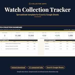 Watch Collection Tracker Spreadsheet, Excel & Google Sheets, Watch Inventory, Service Log, Cost per Wear, Watch Specs, Insurance
