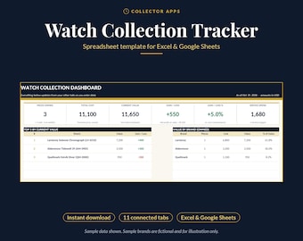 May include: A digital watch collection tracker spreadsheet template for Excel and Google Sheets. The dashboard displays metrics including pieces owned, total cost, current value, gain or loss, and service spend with sample data tables.