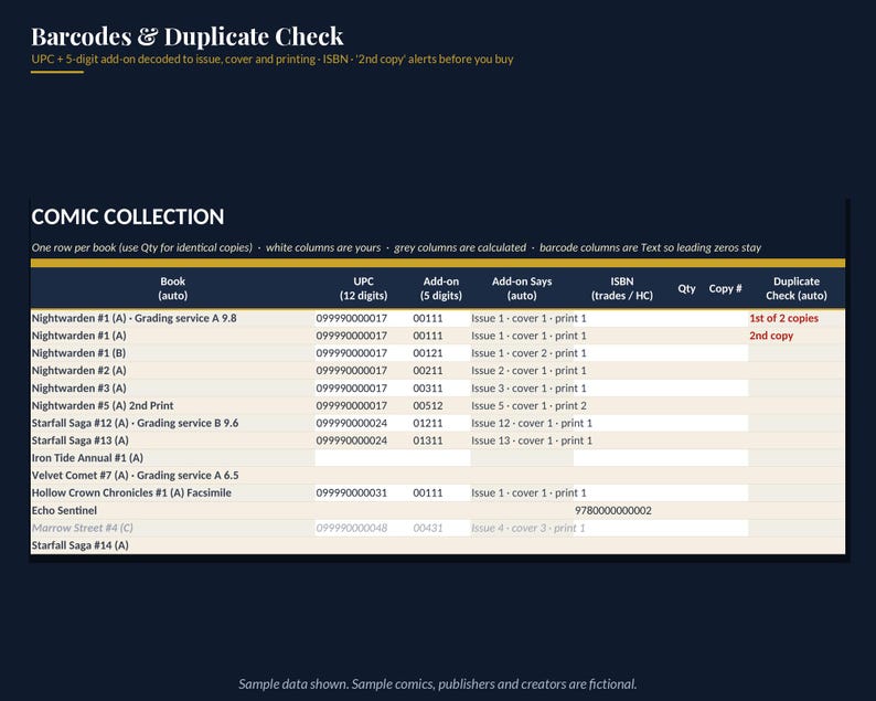 May include: A digital spreadsheet titled Barcodes & Duplicate Check for a comic collection. The table includes columns for Book, UPC, Add-on, Add-on Says, ISBN, Qty, Copy #, and Duplicate Check, listing fictional titles like Nightwarden.