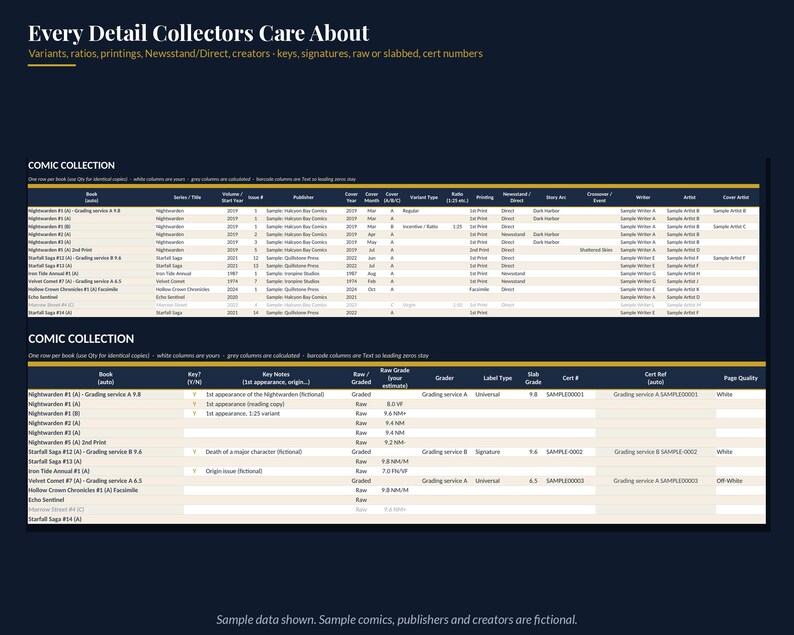 May include: A digital spreadsheet template titled Every Detail Collectors Care About, featuring two tables for tracking a comic collection. The tables include columns for book titles, issue numbers, publishers, grades, and certification numbers.
