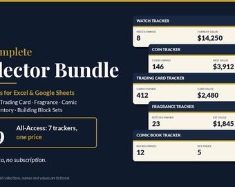 Collection Tracker Bundle, 7 Spreadsheets, Excel Google Sheets, Watch Coin Card Fragrance Comic Insurance Inventory Building Block Tracker