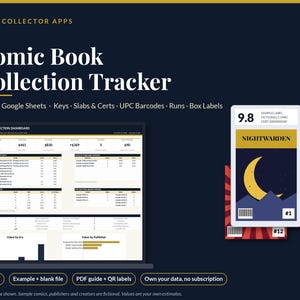 May include: A digital comic book collection tracker dashboard displayed on a screen, featuring Excel and Google Sheets compatibility, with text including Collector Apps, Comic Book Collection Tracker, and various data metrics.
