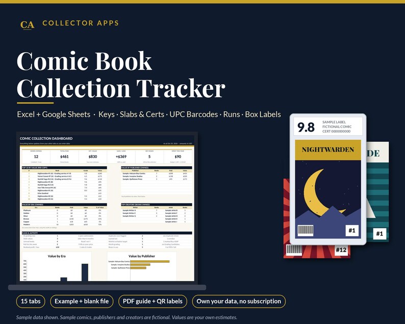 May include: A digital comic book collection tracker dashboard displayed on a screen, featuring Excel and Google Sheets compatibility, with text including Collector Apps, Comic Book Collection Tracker, and various data metrics.
