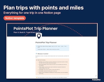 May include: A digital Notion template titled PointsPlot Trip Planner featuring a dark blue header with white text that reads Plan trips with points and miles. The interface includes a mission control section for organizing bookings, itineraries, and budgets.