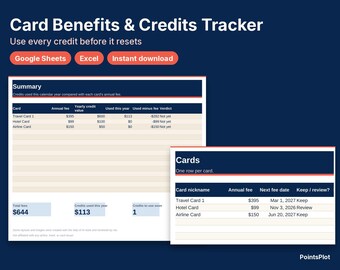 Credit Card Benefits Tracker, Statement Credits and Perks Log, Google Sheets and Excel, Annual Fee Value Tracker, Digital Download