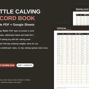 Calving Record Book Fillable PDF + Google Sheets, Cattle Record Keeping, Herd Management, Calving Log, Weaning Weights, Ranch Log
