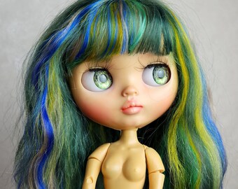 277 Blythe scalp With bang Highlighted thin mixed strands green blue strands colors natural light curls doll wig Reroot scalp mohair