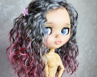 248 Exclusive  Blythe scalp RBL TBL Gradient color ash gray with pink ends Long Wavy Hair Natural Angora Doll Wig Goat Reroot Mohair Wig