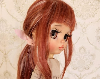 292 Blythe doll scalp with bangs wig highlighted mix hair strands 4 colors chestnut mahogany pink beige Reroot mohair scalp wig