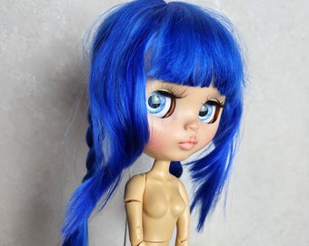261 Blythe scalp Color blue bright with bangs long light wave hair natural angora goat Blythe doll wig Reroot scalp wig mohair