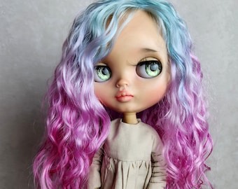 287 Blythe scalp Gradient Light turquoise with burgundy tips long wave hair natural angora goat doll wig Reroot scalp mohair wig