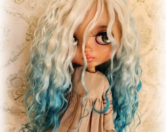 291 Blythe scalp TBL RBL  new long curly white-turquoise color Blythe doll wig Reroot scalp mohair wig mohair