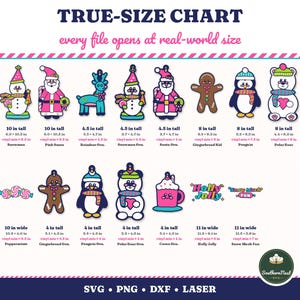 Puede incluir: Una tabla de tallas reales con ilustraciones digitales de personajes navide&ntilde;os como renos, mu&ntilde;ecos de nieve, Santa, pan de jengibre, ping&uuml;inos, osos polares y tazas de cacao, con etiquetas de texto y medidas en pulgadas para archivos.