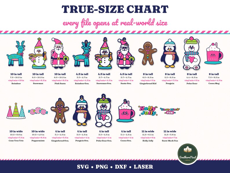 Puede incluir: Una tabla de tallas reales con ilustraciones digitales de personajes navide&ntilde;os como renos, mu&ntilde;ecos de nieve, Santa, pan de jengibre, ping&uuml;inos, osos polares y tazas de cacao, con etiquetas de texto y medidas en pulgadas para archivos.