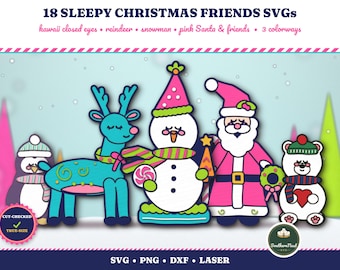 May include: A digital graphic set titled 18 SLEEPY CHRISTMAS FRIENDS SVGs featuring illustrations of a penguin, teal reindeer, snowman, pink Santa, and bear. The text includes kawaii closed eyes, reindeer, snowman, pink Santa & friends, 3 colourways, SVG, PNG, DXF, and LASER.
