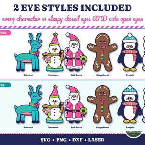 K&ouml;nnte beinhalten: Ein digitales Grafikset mit sechs Weihnachtsfiguren: ein blaugr&uuml;nes Rentier, ein Schneemann, ein rosa Weihnachtsmann, ein Lebkuchenmann, ein Pinguin und ein Eisb&auml;r. Jede Figur ist mit zwei Augenstilen dargestellt: schl&auml;frig geschlossen und offen. Text: 2 EYE STYLES INCLUDED, every character in sleepy closed eyes AND cute open eyes, SVG, PNG, DXF, LASER.