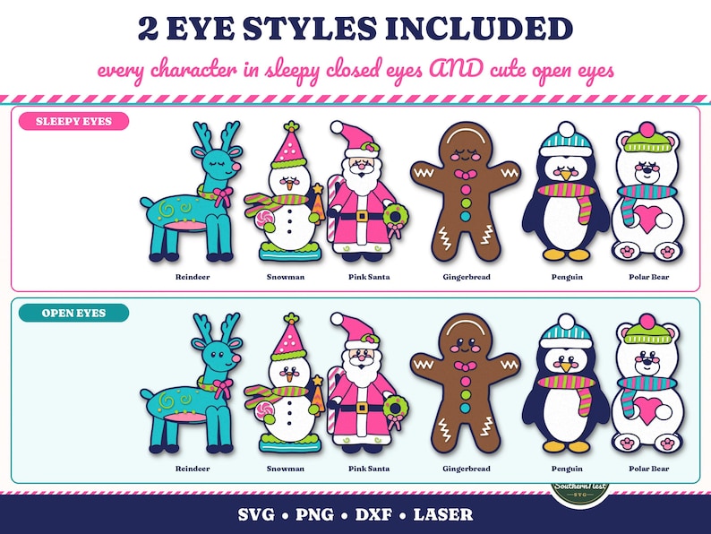 K&ouml;nnte beinhalten: Ein digitales Grafikset mit sechs Weihnachtsfiguren: ein blaugr&uuml;nes Rentier, ein Schneemann, ein rosa Weihnachtsmann, ein Lebkuchenmann, ein Pinguin und ein Eisb&auml;r. Jede Figur ist mit zwei Augenstilen dargestellt: schl&auml;frig geschlossen und offen. Text: 2 EYE STYLES INCLUDED, every character in sleepy closed eyes AND cute open eyes, SVG, PNG, DXF, LASER.