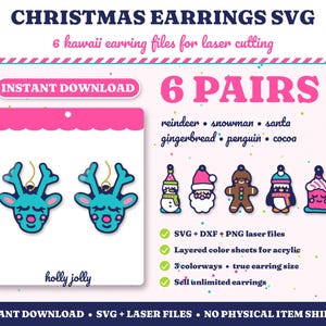 Christmas Earrings SVG, Laser Cut Earring Files, Kawaii Reindeer Snowman Santa Gingerbread Cocoa, Acrylic Earring SVG, Instant Download image 1