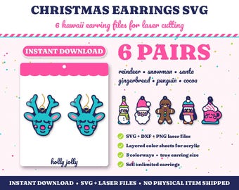 Christmas Earrings SVG, Laser Cut Earring Files, Kawaii Reindeer Snowman Santa Gingerbread Cocoa, Acrylic Earring SVG, Instant Download