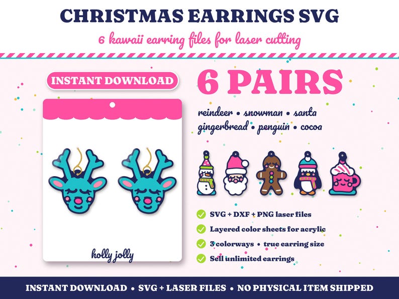 Christmas Earrings SVG, Laser Cut Earring Files, Kawaii Reindeer Snowman Santa Gingerbread Cocoa, Acrylic Earring SVG, Instant Download image 1