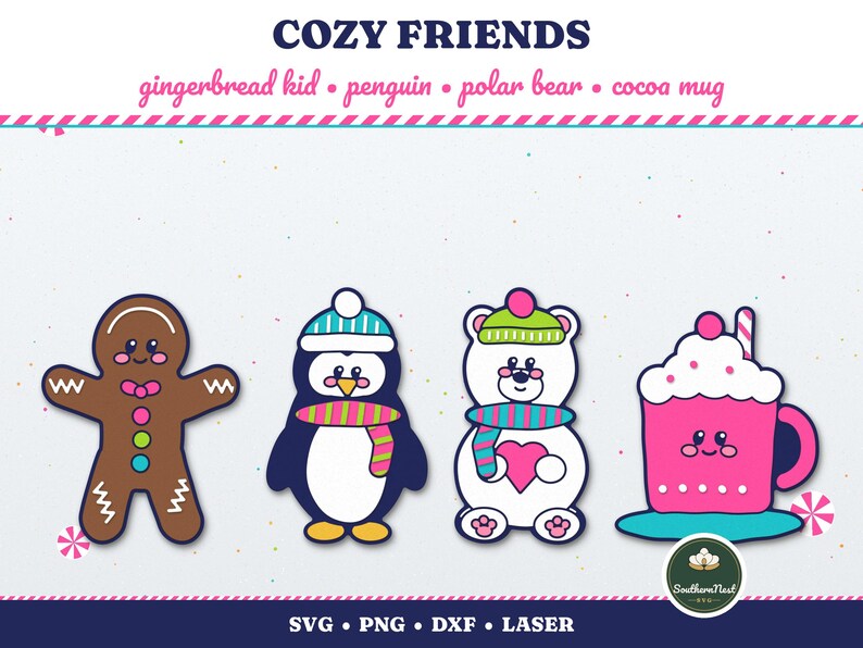 Puede incluir: Un conjunto gr&aacute;fico digital titulado COZY FRIENDS que presenta un ni&ntilde;o de pan de jengibre marr&oacute;n, un ping&uuml;ino azul y blanco con gorro y bufanda a rayas, un oso polar blanco con gorro verde y bufanda sosteniendo un coraz&oacute;n rosa y una taza de cacao rosa.