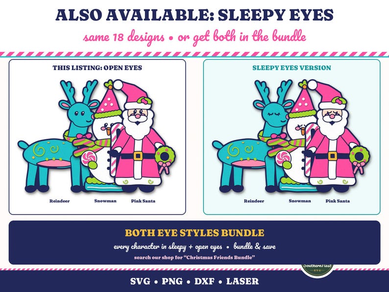 Puede incluir: Conjunto gr&aacute;fico digital que presenta un reno color verde azulado, un mu&ntilde;eco de nieve con sombrero rosa y un Santa Claus rosa. El texto incluye: ALSO AVAILABLE: SLEEPY EYES, THIS LISTING: OPEN EYES, SLEEPY EYES VERSION, BOTH EYE STYLES BUNDLE, SVG PNG DXF LASER.