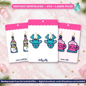 Christmas Earrings SVG, Laser Cut Earring Files, Kawaii Reindeer Snowman Santa Gingerbread Cocoa, Acrylic Earring SVG, Instant Download image 2