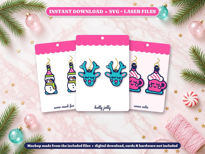 Christmas Earrings SVG, Laser Cut Earring Files, Kawaii Reindeer Snowman Santa Gingerbread Cocoa, Acrylic Earring SVG, Instant Download image 2