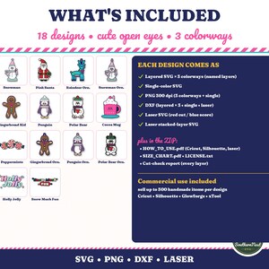 Puede incluir: Una colecci&oacute;n de archivos digitales con 18 dise&ntilde;os navide&ntilde;os que incluyen renos, mu&ntilde;ecos de nieve, Santa, pan de jengibre, ping&uuml;inos, osos polares, tazas de cacao, &aacute;rboles y caramelos, con detalles de texto sobre formatos SVG, PNG y DXF.