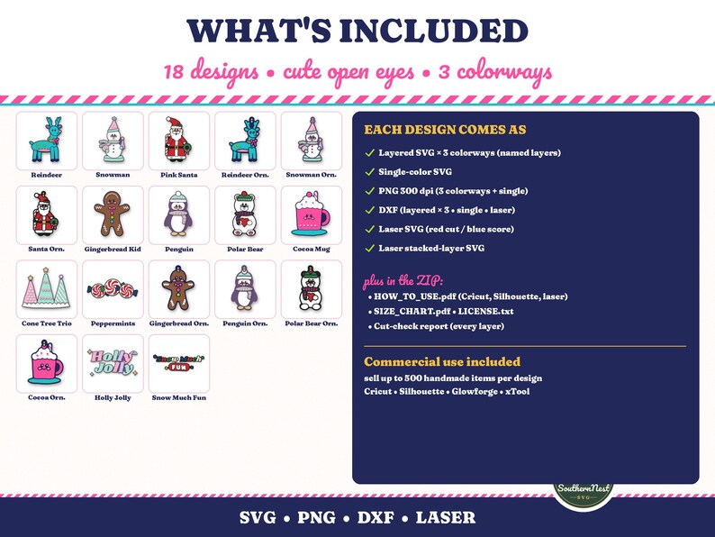 Puede incluir: Una colecci&oacute;n de archivos digitales con 18 dise&ntilde;os navide&ntilde;os que incluyen renos, mu&ntilde;ecos de nieve, Santa, pan de jengibre, ping&uuml;inos, osos polares, tazas de cacao, &aacute;rboles y caramelos, con detalles de texto sobre formatos SVG, PNG y DXF.