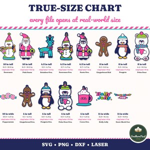 K&ouml;nnte beinhalten: Eine Gr&ouml;&szlig;entabelle mit verschiedenen digitalen Illustrationen zum Thema Feiertage, darunter Rentiere, Schneem&auml;nner, Weihnachtsm&auml;nner, Lebkuchenfiguren, Pinguine, Eisb&auml;ren, Kakaotassen und Textgrafiken mit spezifischen Ma&szlig;angaben in Zoll.