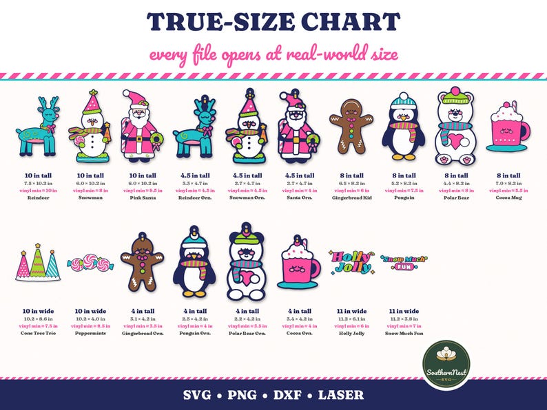 K&ouml;nnte beinhalten: Eine Gr&ouml;&szlig;entabelle mit verschiedenen digitalen Illustrationen zum Thema Feiertage, darunter Rentiere, Schneem&auml;nner, Weihnachtsm&auml;nner, Lebkuchenfiguren, Pinguine, Eisb&auml;ren, Kakaotassen und Textgrafiken mit spezifischen Ma&szlig;angaben in Zoll.