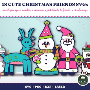 Puede incluir: Un conjunto gr&aacute;fico digital titulado 18 CUTE CHRISTMAS FRIENDS SVGs que presenta ilustraciones de dibujos animados de un ping&uuml;ino, un reno azul verdoso, un mu&ntilde;eco de nieve, Santa Claus y un oso con accesorios de invierno.