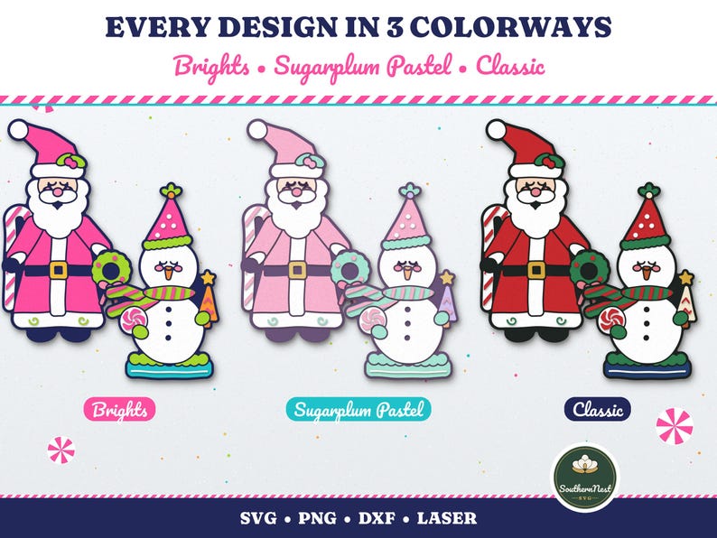 K&ouml;nnte beinhalten: Digitales Grafikset mit drei Paaren von Weihnachtsmann- und Schneemannfiguren in den Farbvarianten Brights, Sugarplum Pastel und Classic. Der Text umfasst EVERY DESIGN IN 3 COLORWAYS, Brights, Sugarplum Pastel, Classic und Southern Nest SVG.