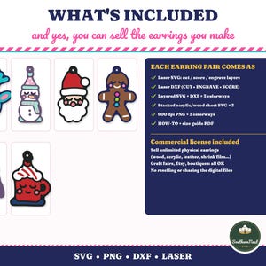 May include: Digital file set featuring six holiday-themed earring designs: a teal reindeer, a snowman, Santa Claus, a gingerbread person, a penguin, and a hot cocoa mug. Includes SVG, DXF, and PNG formats for laser cutting and crafting.