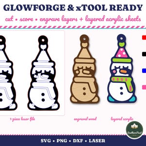 May include: Digital laser file for Glowforge and xTool featuring a snowman design. Includes 1-piece laser file, engraved wood version, and layered acrylic version. Text reads GLOWFORGE & XTOOL READY, cut, score, engrave layers, and layered acrylic sheets.