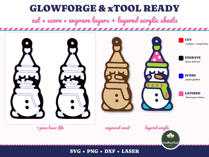 May include: Digital laser file for Glowforge and xTool featuring a snowman design. Includes 1-piece laser file, engraved wood version, and layered acrylic version. Text reads GLOWFORGE & XTOOL READY, cut, score, engrave layers, and layered acrylic sheets.