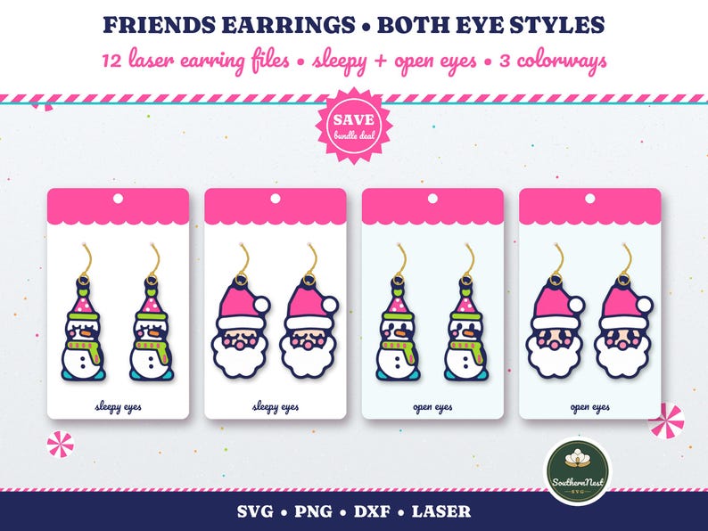 May include: Digital file set titled FRIENDS EARRINGS &bull; BOTH EYE STYLES featuring 12 laser earring files with sleepy and open eyes in 3 colourways. The designs include snowmen and Santa Claus figures on display cards, with file formats SVG, PNG, DXF, and LASER listed at the bottom.