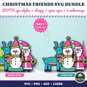 Puede incluir: Un paquete gráfico digital titulado CHRISTMAS FRIENDS SVG BUNDLE con dos ilustraciones: un reno azul, un muñeco de nieve blanco y un Santa Claus en rosa y blanco. Un conjunto tiene ojos soñolientos, el otro ojos abiertos. Incluye texto SVG, PNG, DXF, LASER.